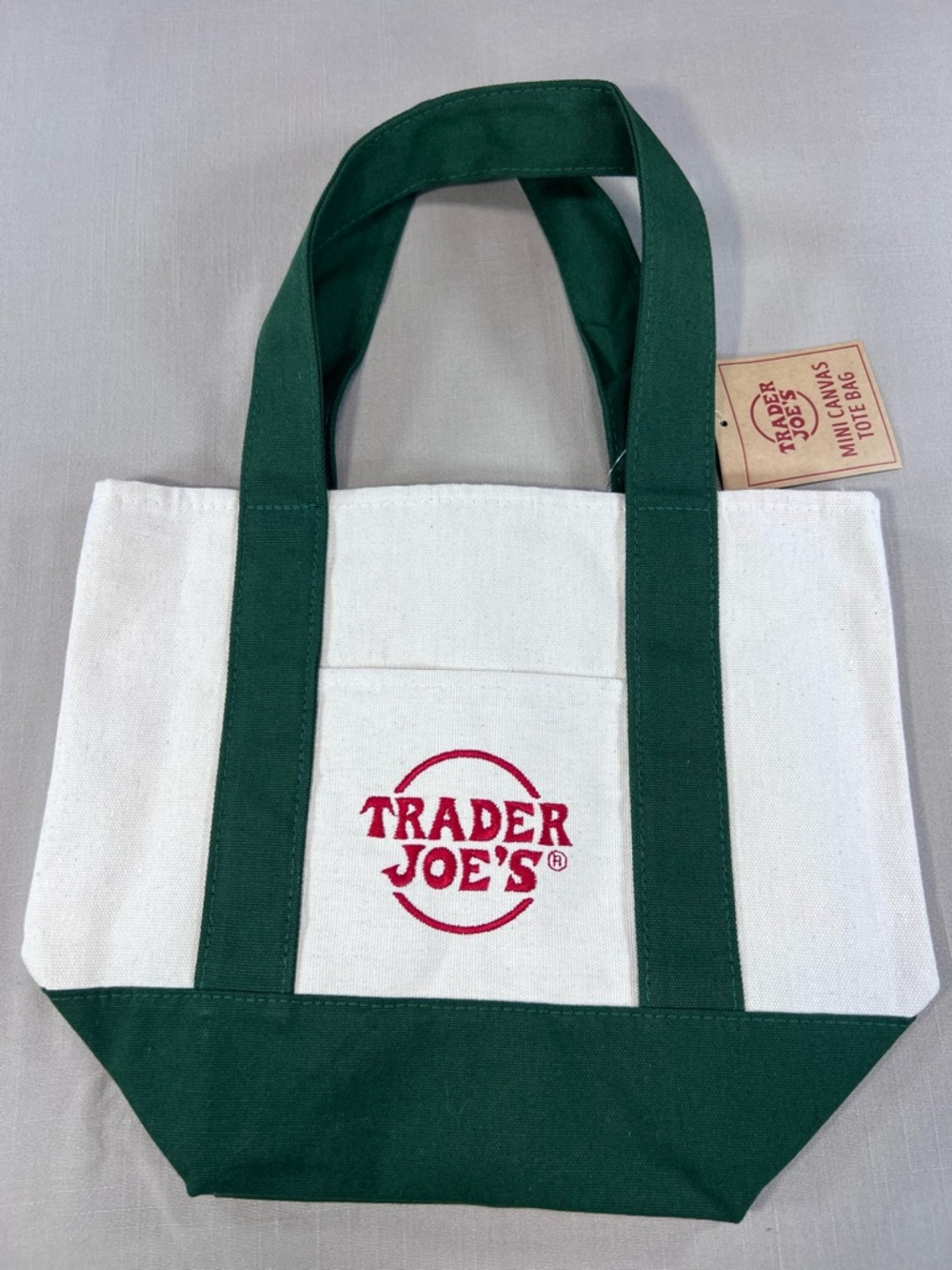 Trader Joe’s Mini Canvas Tote Bag NWT White Green Embroidered Logo Reusable - Picture 2 of 4